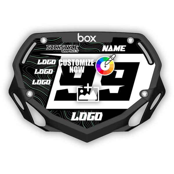 Schwarzer BOX Mini Kids Nummernschild-Sticker mit anpassbarem Design, grünen Linien und Platz für Logo, Name und Nummer.