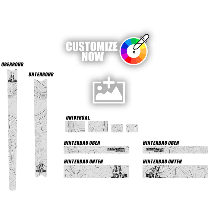 Szare naklejki Custom Frameguard z topograficznym designem Mountain Lines i logo Ridegang do ramy rowerowej.