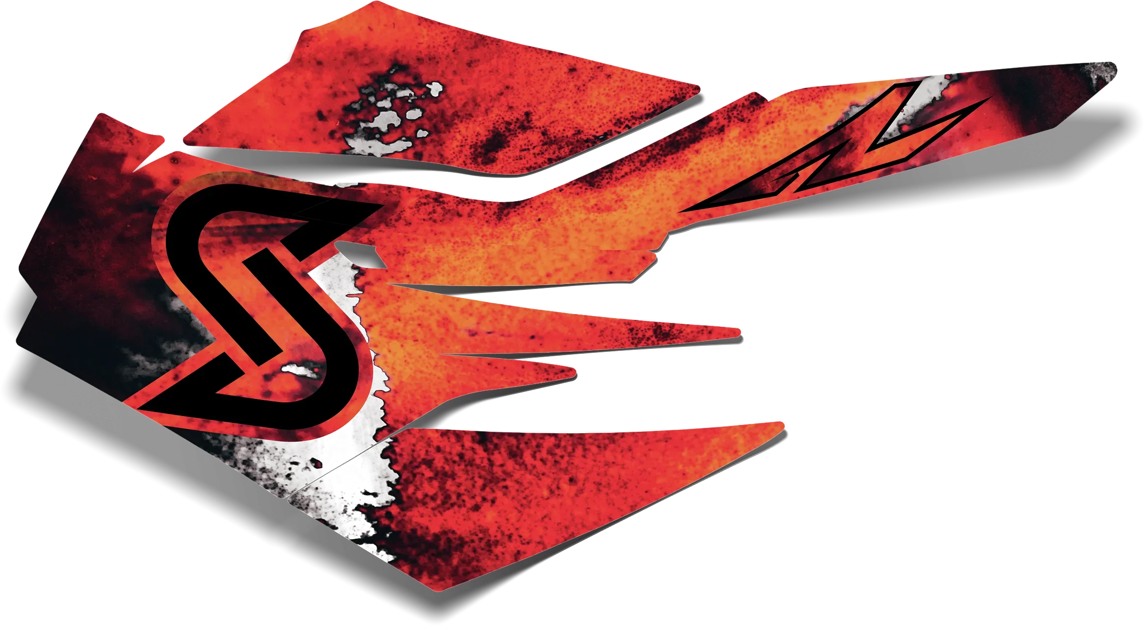 Glossy orange and black graphic decal with a distressed, splattered texture and stylized logos.