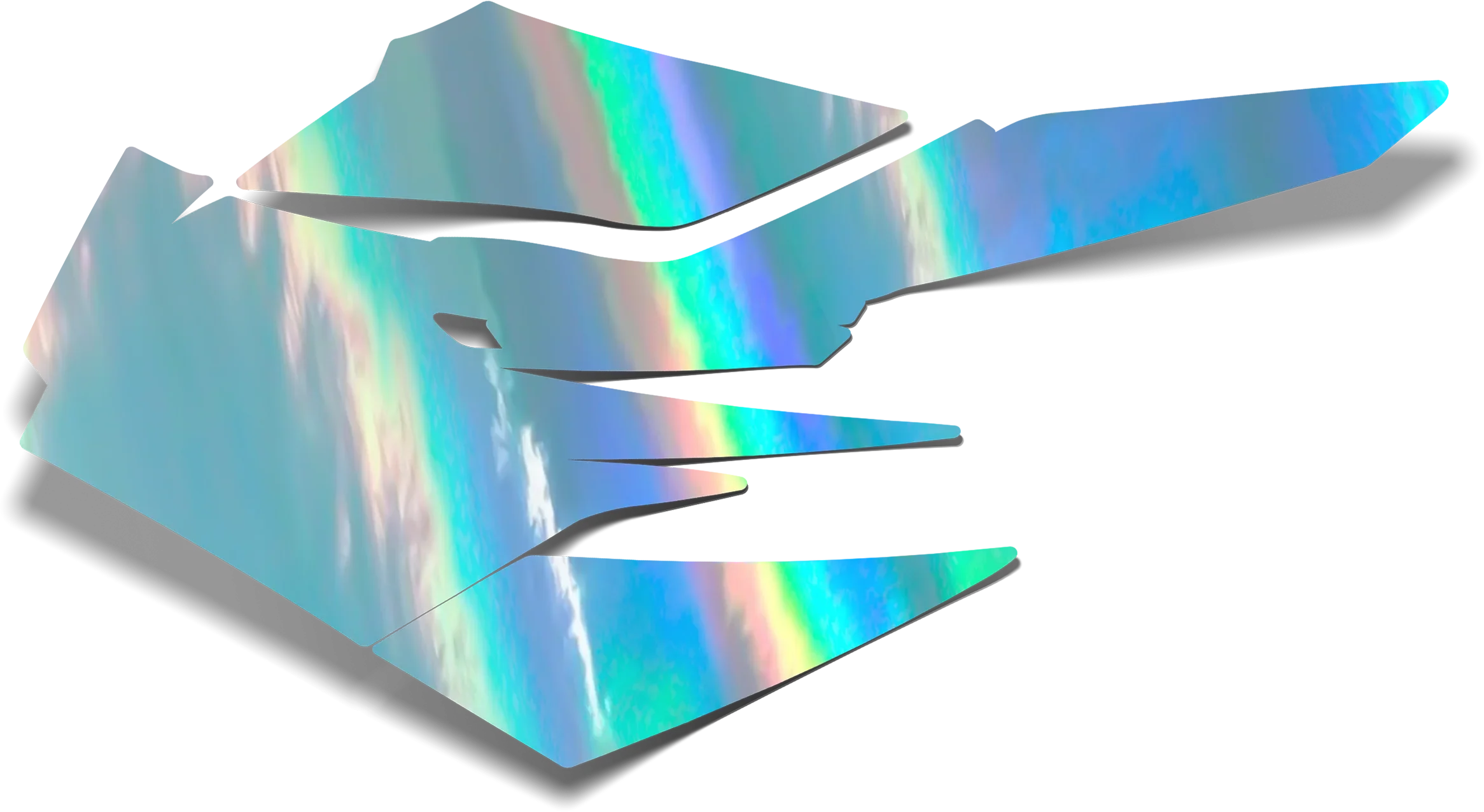 Abstract holographic shapes with iridescent blue, green, and pink reflections, casting soft shadows.