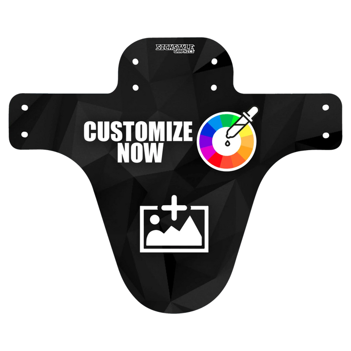Sort polygon-mudguard med “CUSTOMIZE NOW”, farvhjul og upload-symbol.