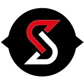 Black circular logo with a stylized red and white "S" in the center.