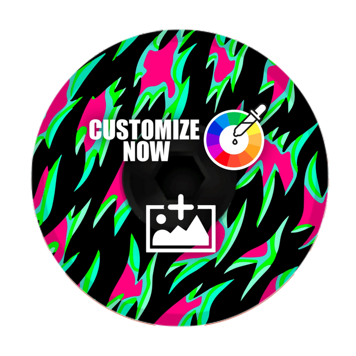 Topcap til cyklens styrfitting i Flakes-design: sort mønster med lyserøde og neongrønne detaljer.