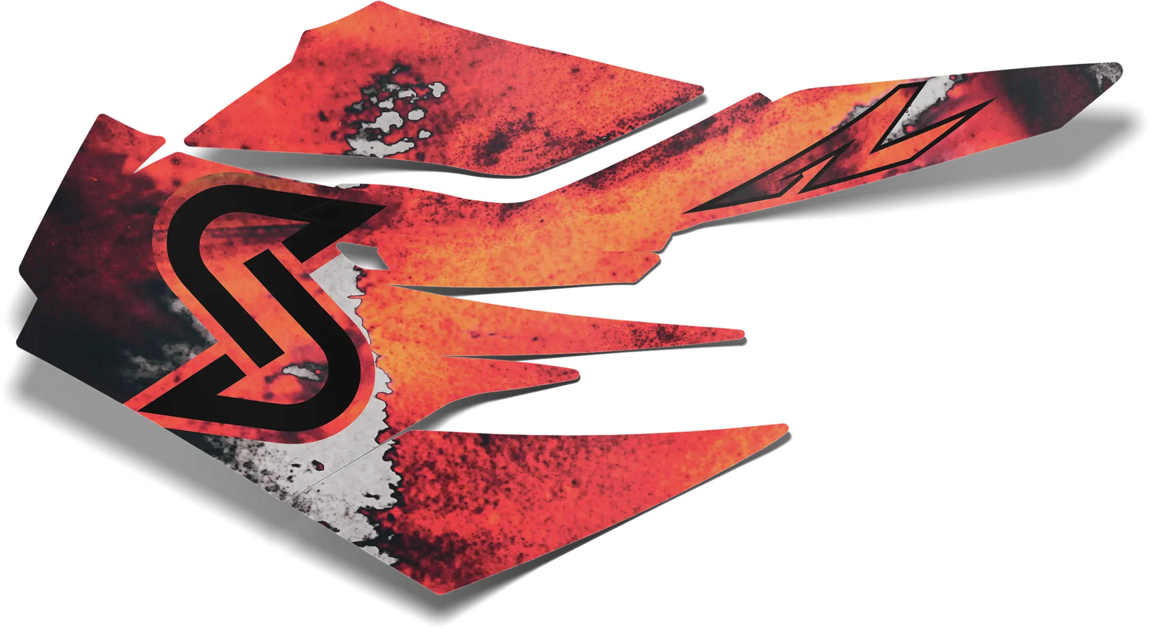 Orange and black graphic design with a distressed texture and abstract shapes.