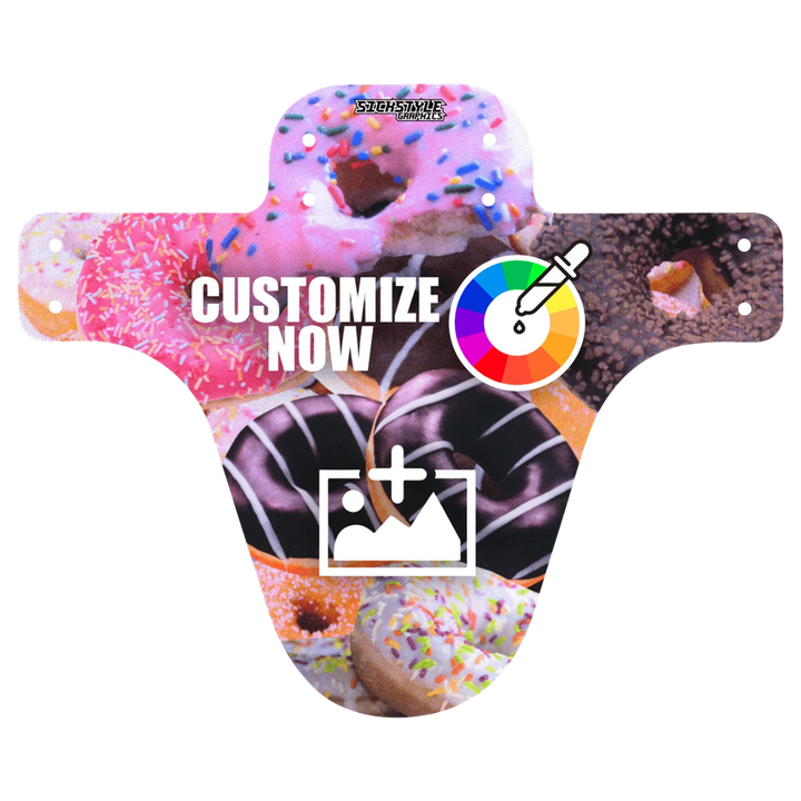MTB-Mudguard „Donut“ mit Donut-Motiv und Optionen für eigene Farben und Logos.