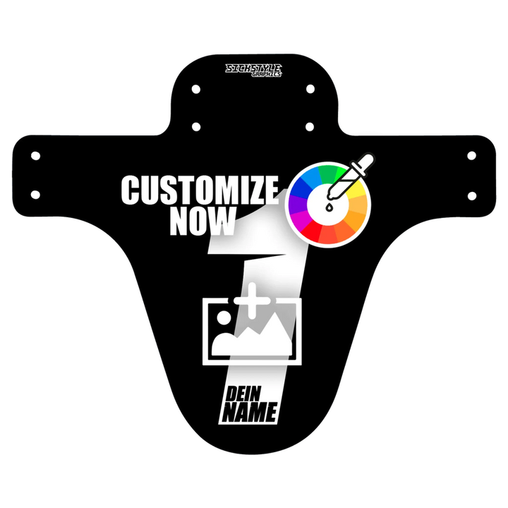 MTB-Mudguard „NumberOne“ als schwarze Designvorlage mit Farbwahl und Bild-Upload.