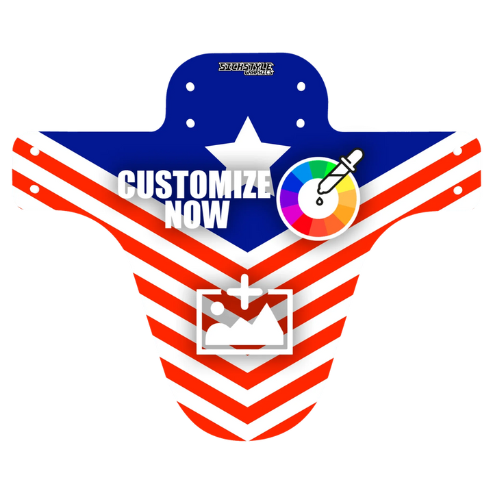 MTB-Mudguard „USA“ mit roten Streifen, blauem Feld und weißem Stern, individuell gestaltbar.