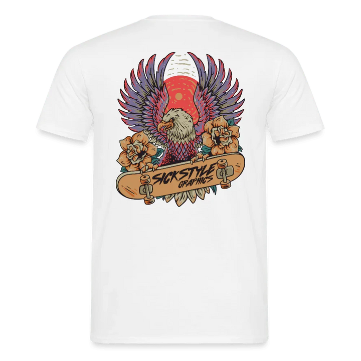 Weißes Herren T-Shirt mit “Skate Eagle” Design: Adler mit Skateboard, Blumen und roter Sonne.