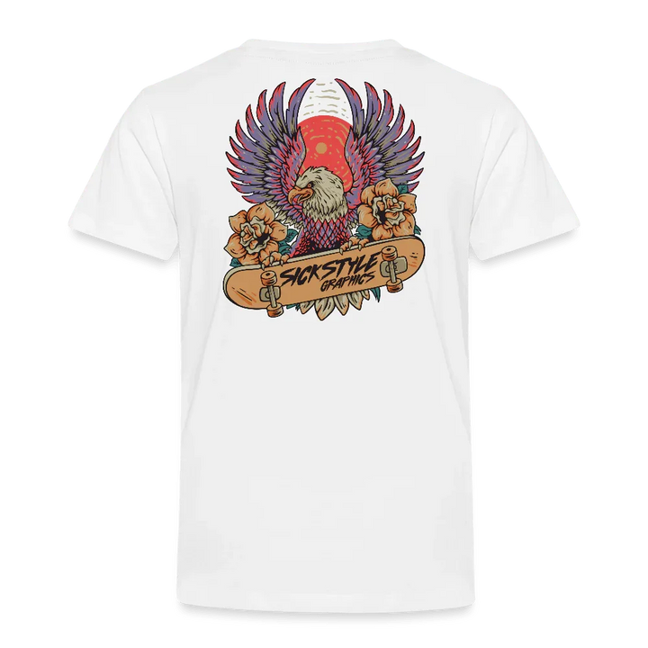 Weißes Kinder T-Shirt mit „Skate Eagle“ Design: Adler, Skateboard und Blumen.