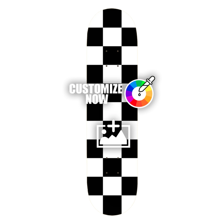 Anpassbarer Skateboard-Sticker mit klassischem schwarz-weißem Schachbrettmuster und Anpassungsoptionen.