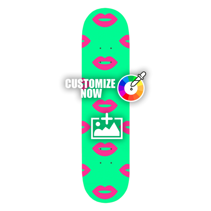 Skateboard-Sticker mit poppigem Kiss-Design in Pink auf mintgrünem Hintergrund, mit Anpassungsoptionen.