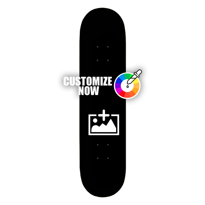 Schwarzes Skateboard-Deck mit “CUSTOMIZE NOW” Text, Pipette und Bild-Upload-Symbol.