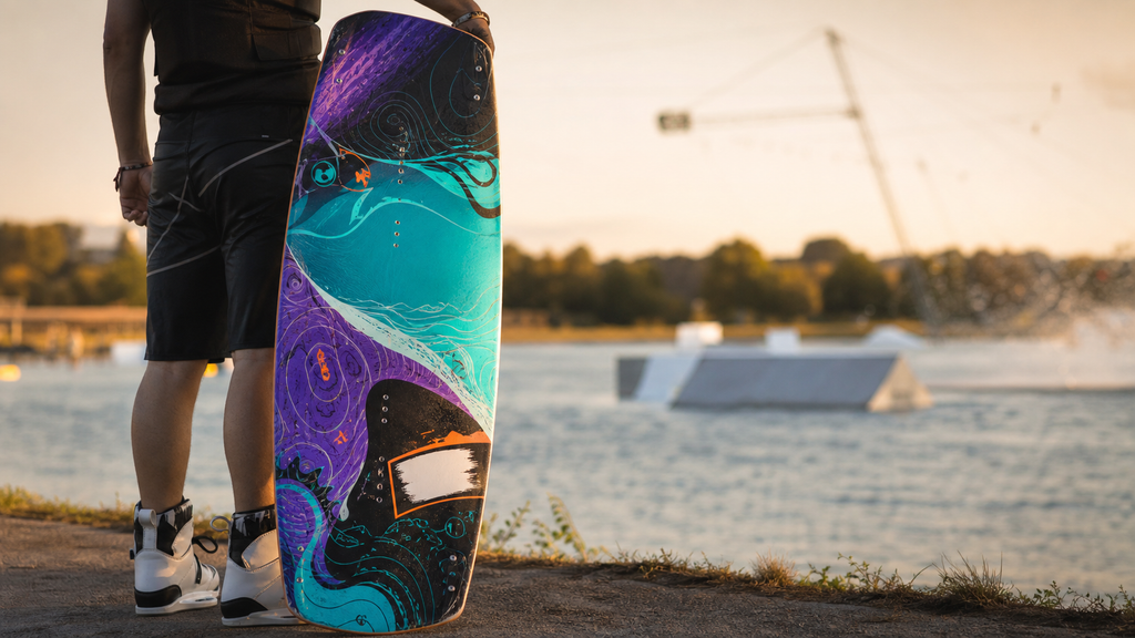 Individuell foliertes Wakeboard mit eigenem Design an einem Wakepark