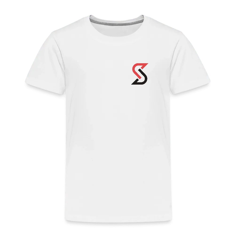 Weißes Kinder T-Shirt aus Baumwolle mit schwarzem und rotem "S" Logo.