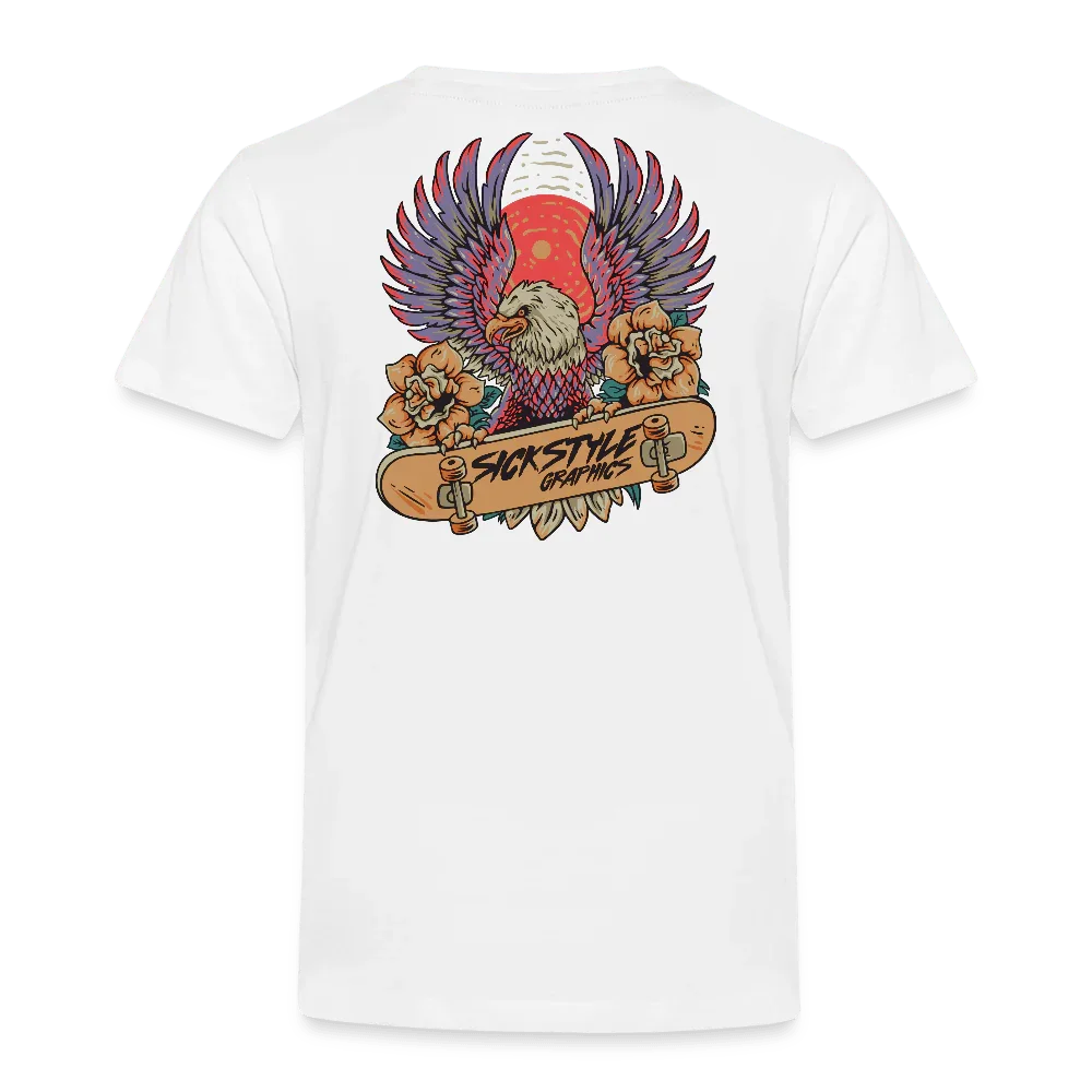 Weißes Kinder T-Shirt mit „Skate Eagle“ Design: Adler, Skateboard und Blumen.