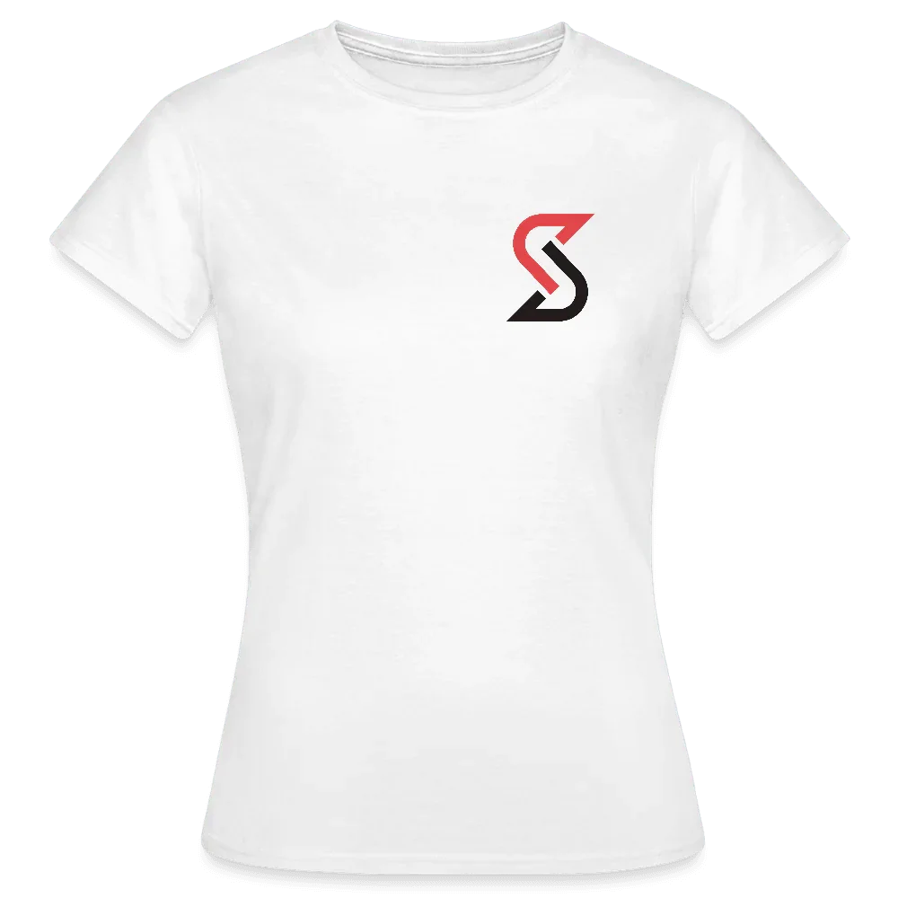 Weißes Damen T-Shirt aus 100% Baumwolle mit kleinem rot-schwarzem "S" Logo auf der Brust.
