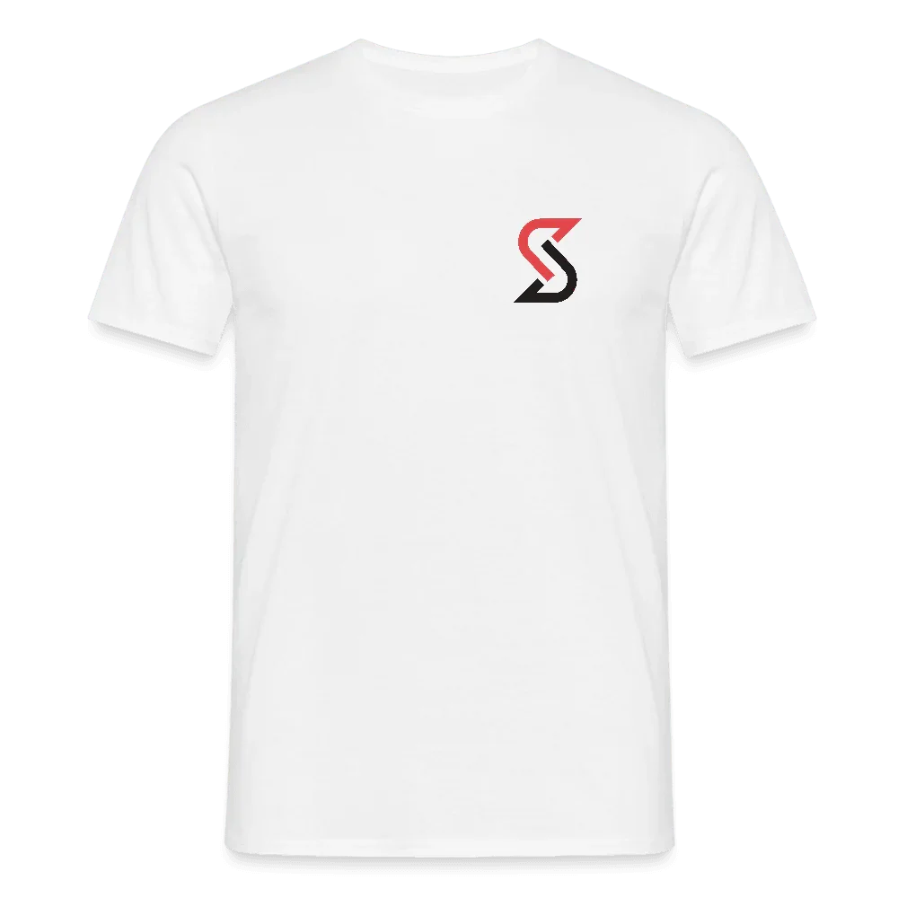 Weißes Herren T-Shirt aus 100% Baumwolle mit kleinem, rotem und schwarzem "S"-Logo auf der Brust.