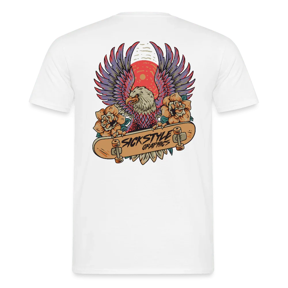 Weißes Herren T-Shirt mit "Skate Eagle" Design: Adler mit Skateboard, Blumen und roter Sonne.