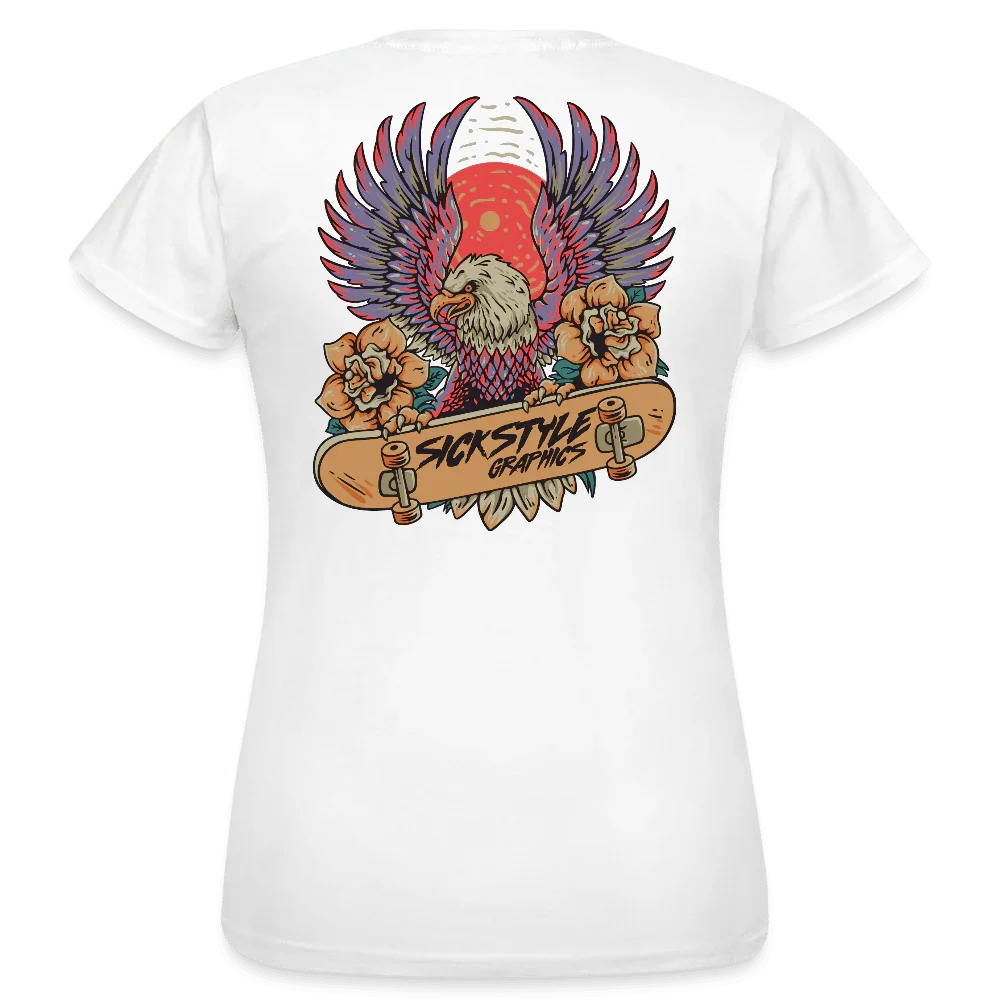 Weißes Damen T-Shirt mit farbigem "Skate Eagle" Design: Adler, Skateboard und Blumen.