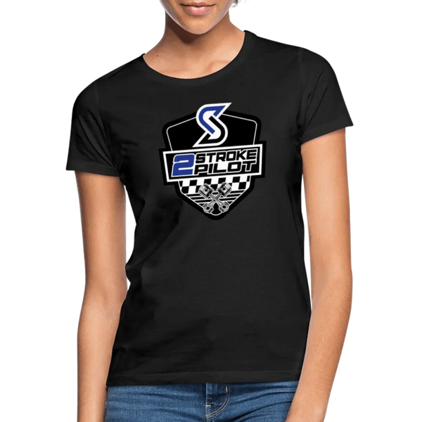 Schwarzes Damen T-Shirt mit „2 Stroke Pilot“ Logo in Blau, Weiß und Schwarz, 100% Baumwolle.