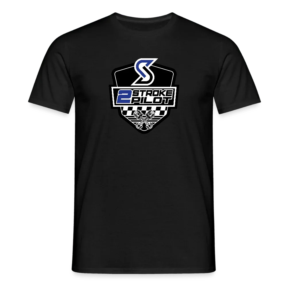 Black men's cotton T-shirt “2 Stroke Pilot” with blue and white logo and checkered pattern.