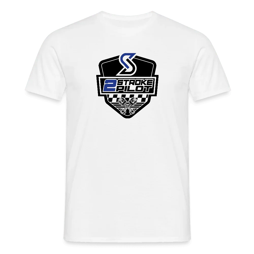 White men's t-shirt with “2 Stroke Pilot” logo print in black and blue.