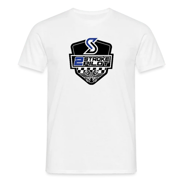 T-shirt blanc pour homme avec impression de logo « 2 Stroke Pilot » en noir et bleu.
