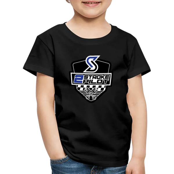 Schwarzes Kinder T-Shirt mit blau-weißem “2 Stroke Pilot” Logo und kariertem Muster.