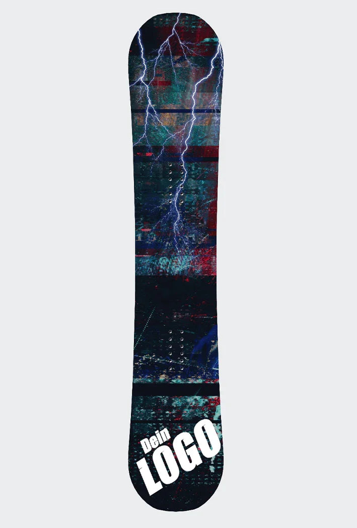 Snowboard mit Distorted Red Design, blauen Blitzen und "Dein LOGO" Schriftzug.