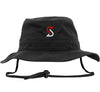 Sort unisex fiskerhue i bomuld med bred skygge, dekorative sømme, ventilationshuller og rødt logo.