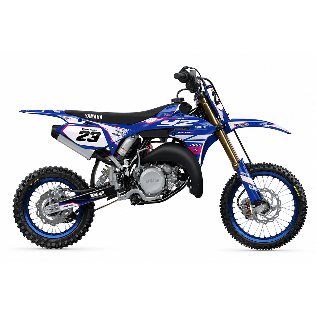 Niebiesko-biały zestaw Dekor typu splatter z wytrzymałej folii winylowej do motocykla motocrossowego Yamaha YZ65 z numerem startowym 23.