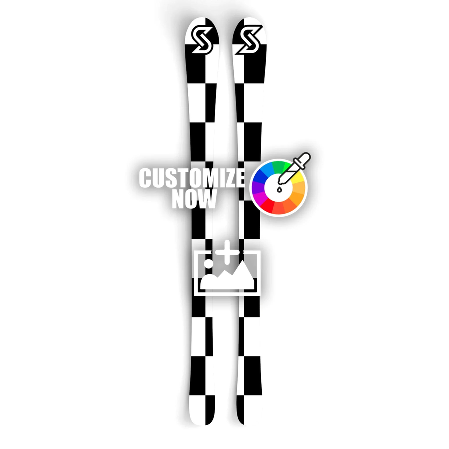 Customizable ski sticker with a classic black and white checkerboard pattern and logo.