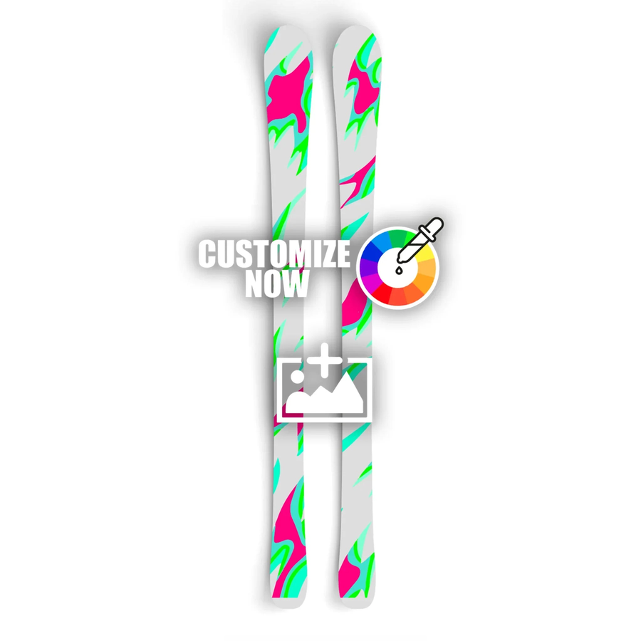 Custom Ski Sticker "Flakes" mit leuchtend pinken und grünen Schneeflocken-Mustern auf weißem Hintergrund.
