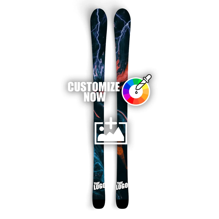 Anpassbare Ski-Sticker mit dynamischem Blitz-Design in Blau und Rot, bereit für dein Logo.