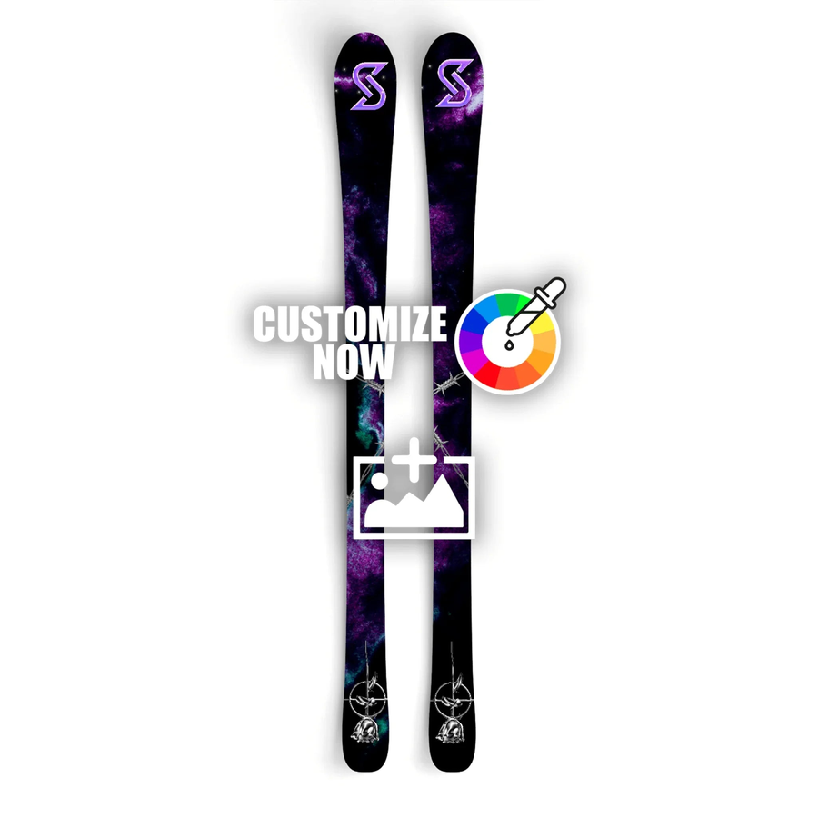 Custom Ski Sticker "Miley" mit lila-chrom Galaxie-Design und anpassbaren Logos.