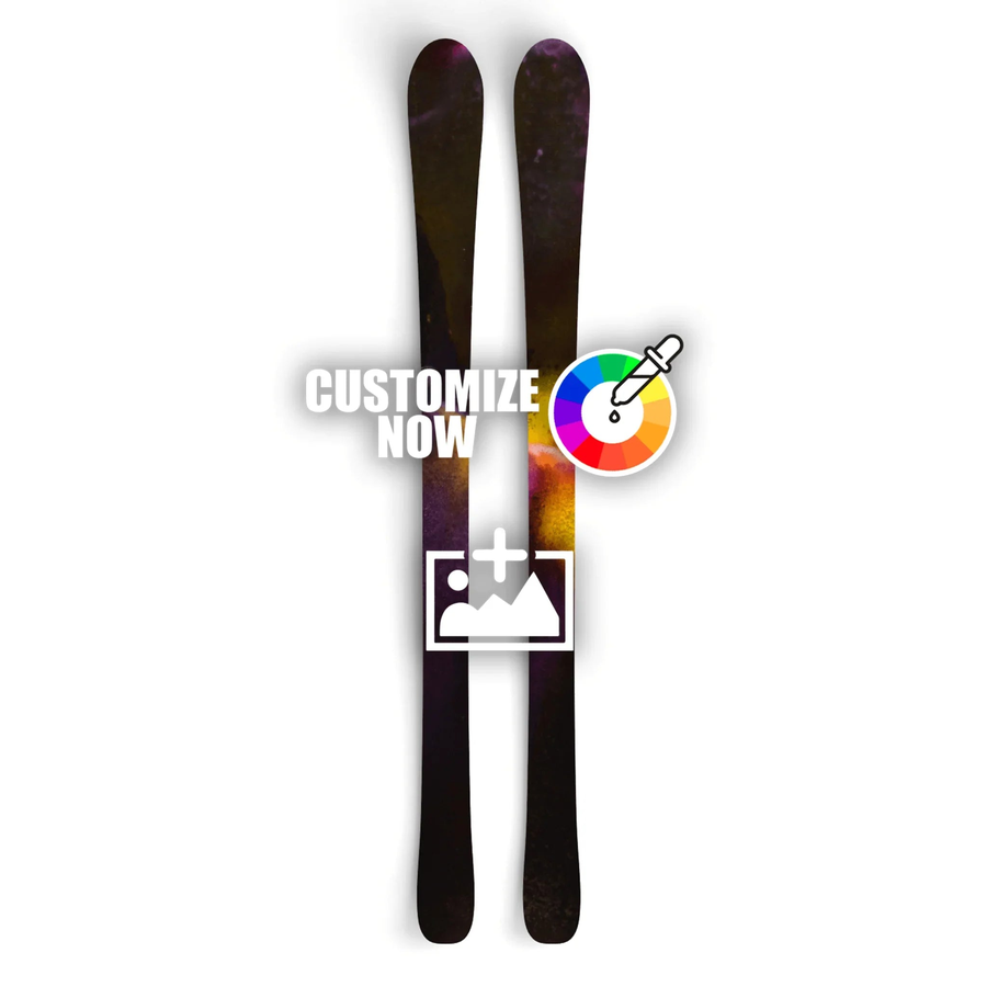 Anpassbare Ski mit "Yellow Galaxy" Design, Farbauswahl und Upload-Option für Logos.