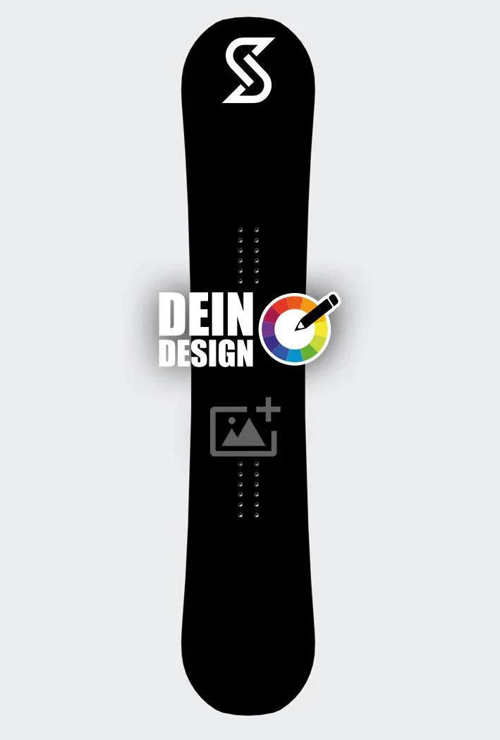 Schwarzes Snowboard mit weißem S-Logo, "DEIN DESIGN" Text, Farbrad-Icon und Bild-Upload-Symbol.