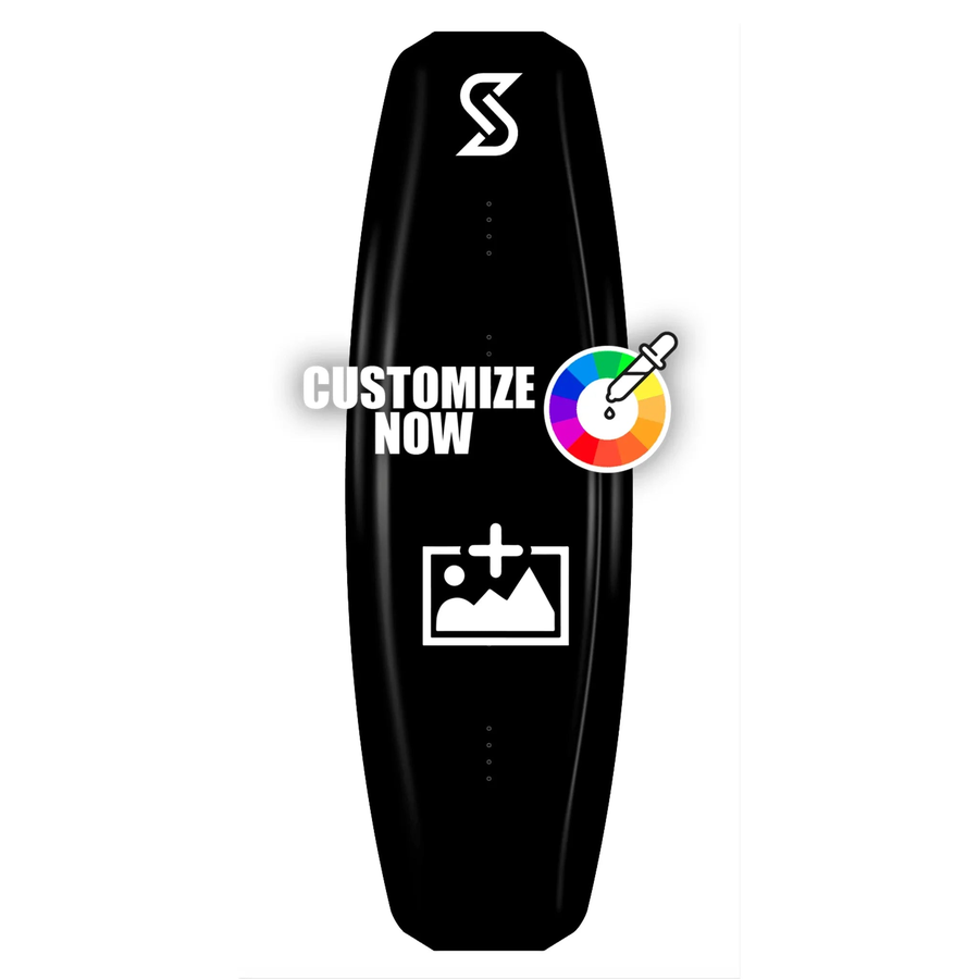 Schwarzes Wakeboard mit "CUSTOMIZE NOW" Text, Farbwähler und Bild-Upload-Symbol.