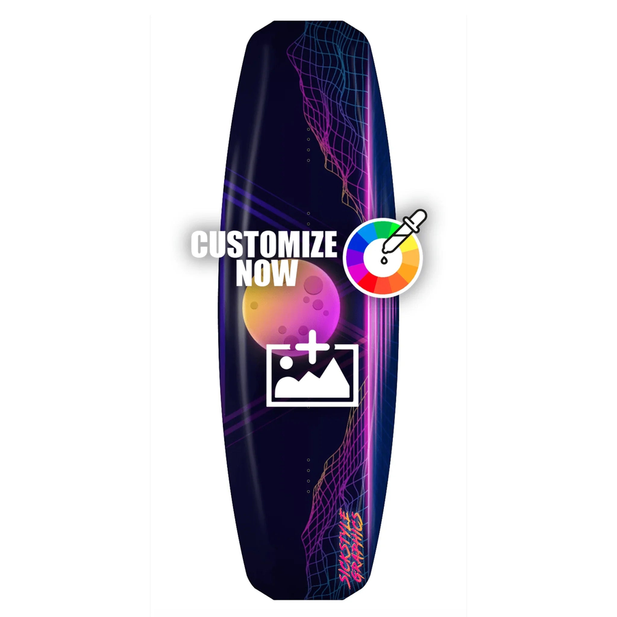 Dunkelblaues Wakeboard mit 80er-Jahre-Design, Neon-Netz, Monden und "CUSTOMIZE NOW" Schriftzug.
