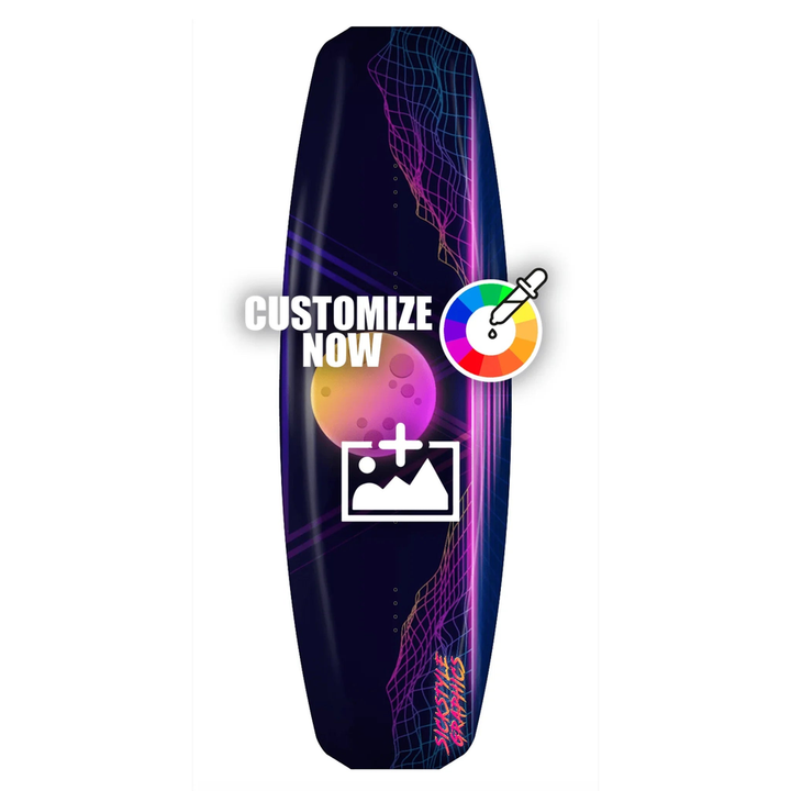 Wakeboard blu scuro con design anni '80, rete neon, lune e scritta “CUSTOMIZE NOW”.