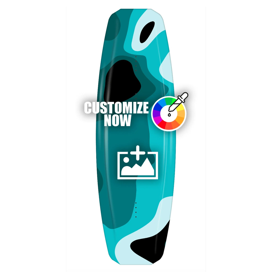 Wakeboard-Sticker mit blauem Camouflage-Muster, "CUSTOMIZE NOW" Text und Anpassungs-Icons.
