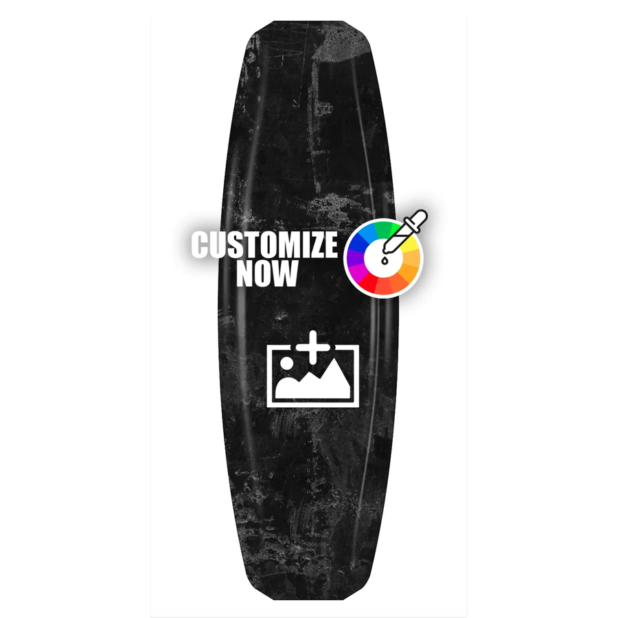 Anpassbare Wakeboard-Folie in Charcoal-Marmoroptik mit "CUSTOMIZE NOW" Schriftzug und Farbauswahl-Symbol.