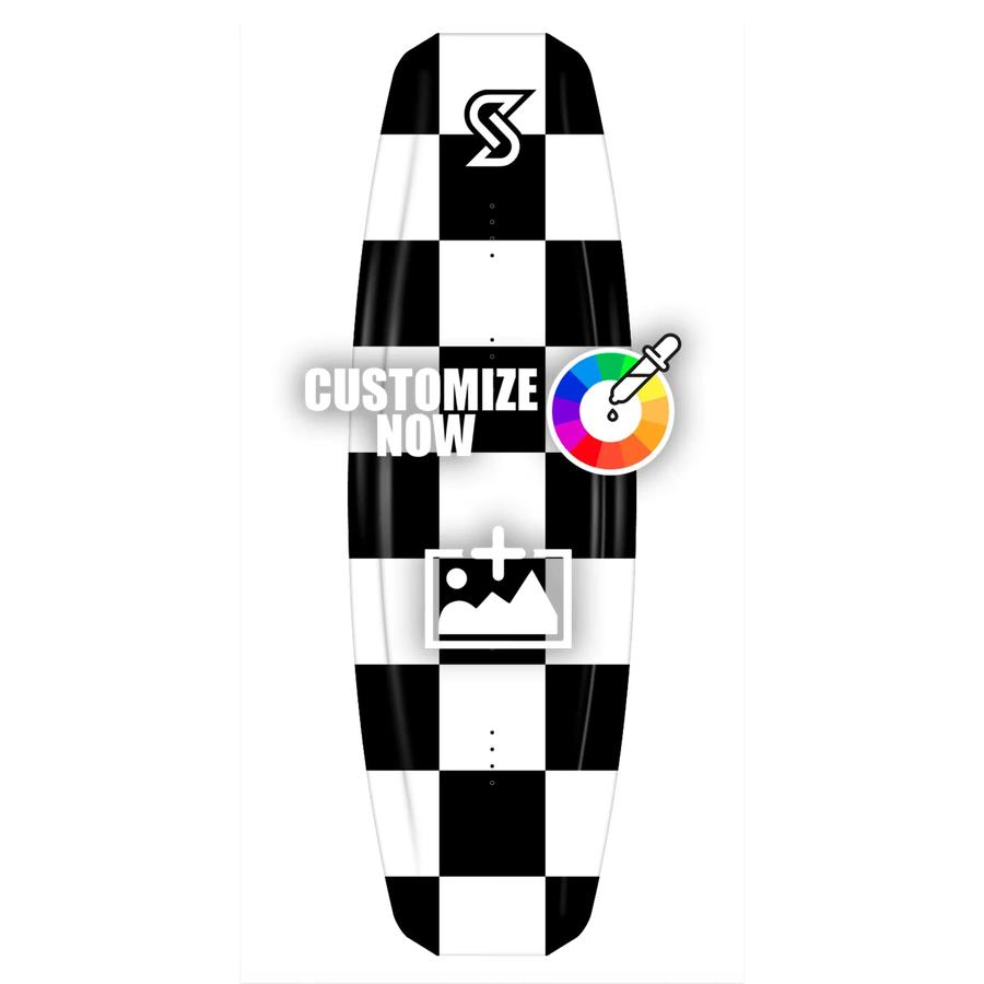 Anpassbare Wakeboard-Folie mit klassischem schwarz-weißem Schachbrettmuster und Logo-Upload-Option.