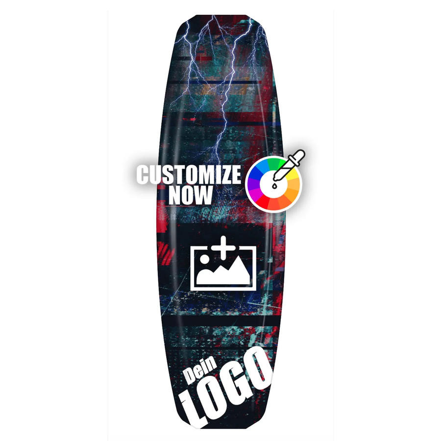 Custom Wakeboard Sticker "Distorted Red" mit Blitzen, Farbauswahl und Logo-Upload-Option.