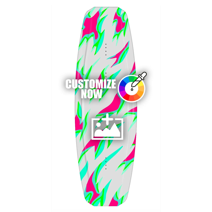Anpassbarer Wakeboard-Sticker mit dynamischem, schneeflockenähnlichem Muster in Pink, Türkis und Grün auf weißem Hintergrund.