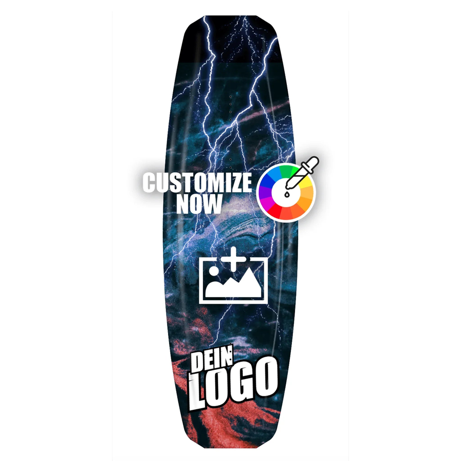 Anpassbare Wakeboard-Folie "Lightning Blue" mit blauen Blitzen, rotem Hintergrund und Optionen für eigenes Logo.