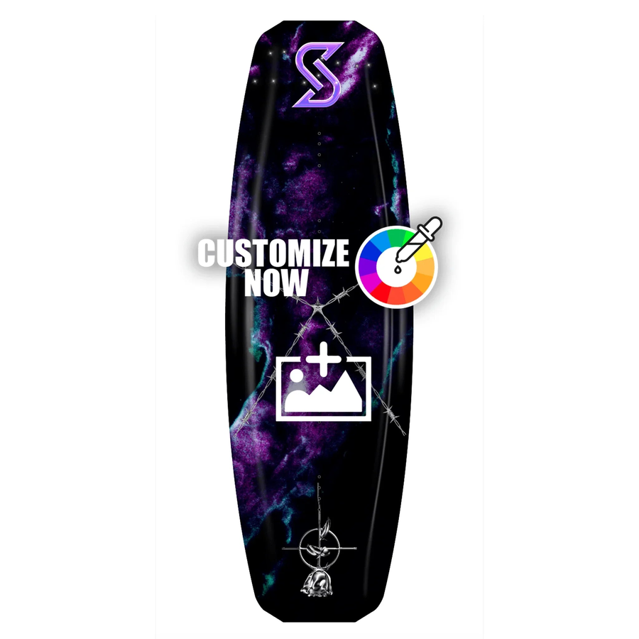 Custom Wakeboard Sticker "Miley" mit lebhaftem Lila- und Chrom-Design auf schwarzem Hintergrund.