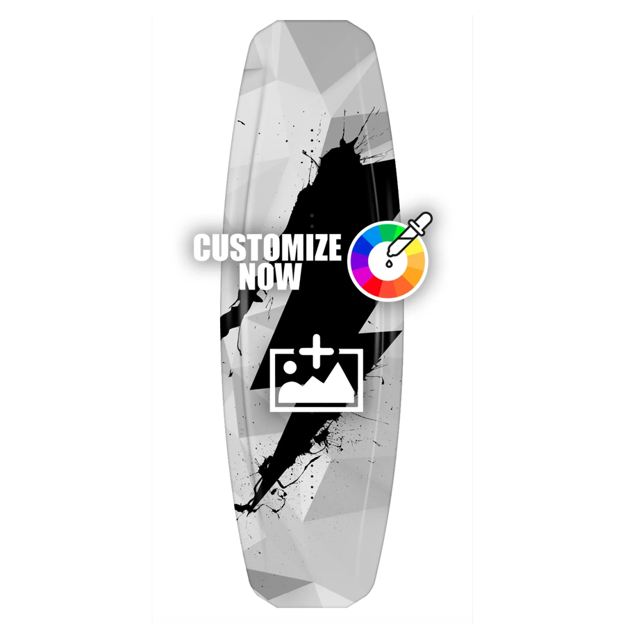 Wakeboard Sticker mit Polygon Camo Design in Grau-Weiß, schwarzem Blitz und Anpassungsoptionen.