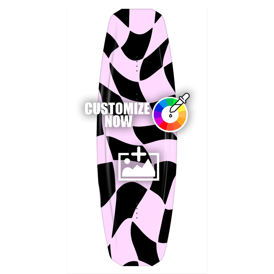 Wakeboard mit Psycho Checkerboard Design in Schwarz und Hellrosa, anpassbar mit Logos und Farben.