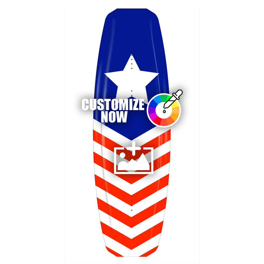 Wakeboard-Sticker mit USA-Flagge Design, blauem Stern und rot-weißen Streifen, anpassbar.